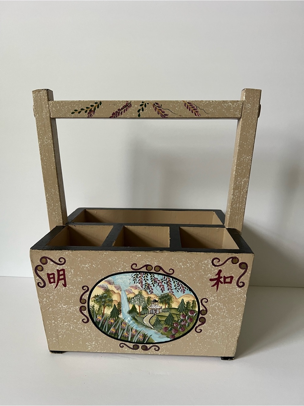 Vintage Wooden Caddy Hand-Painted with Floral Landscape Design Chinese Symbols